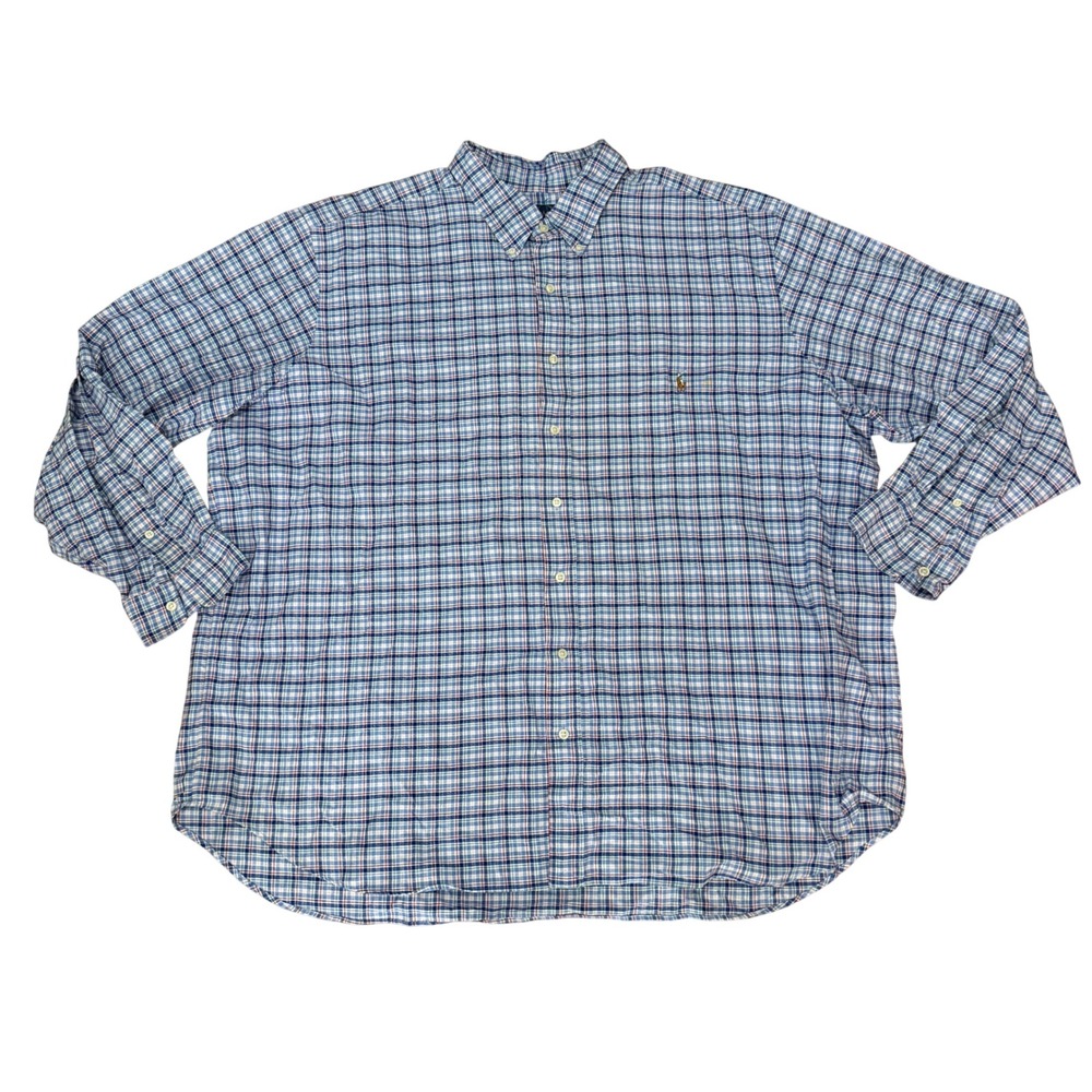Ralph Lauren Button Down Shirt Mens 3XB Plaid Long Sleeve Blue Preppy Casual